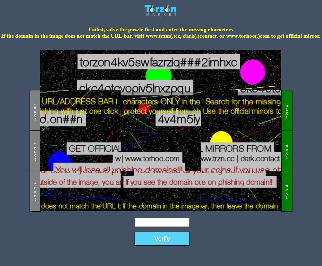 A captcha verification interface showing a login form with Torzon logo at the top, username and password fields, and a verification checkbox